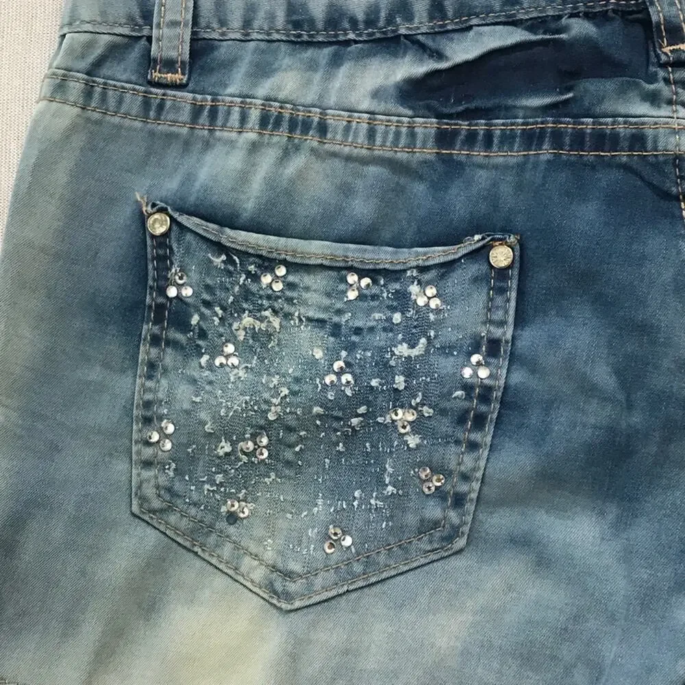 Bling Short Shorts Chambray Embellished Lace Distressed  Denim - Picture 4 of 9